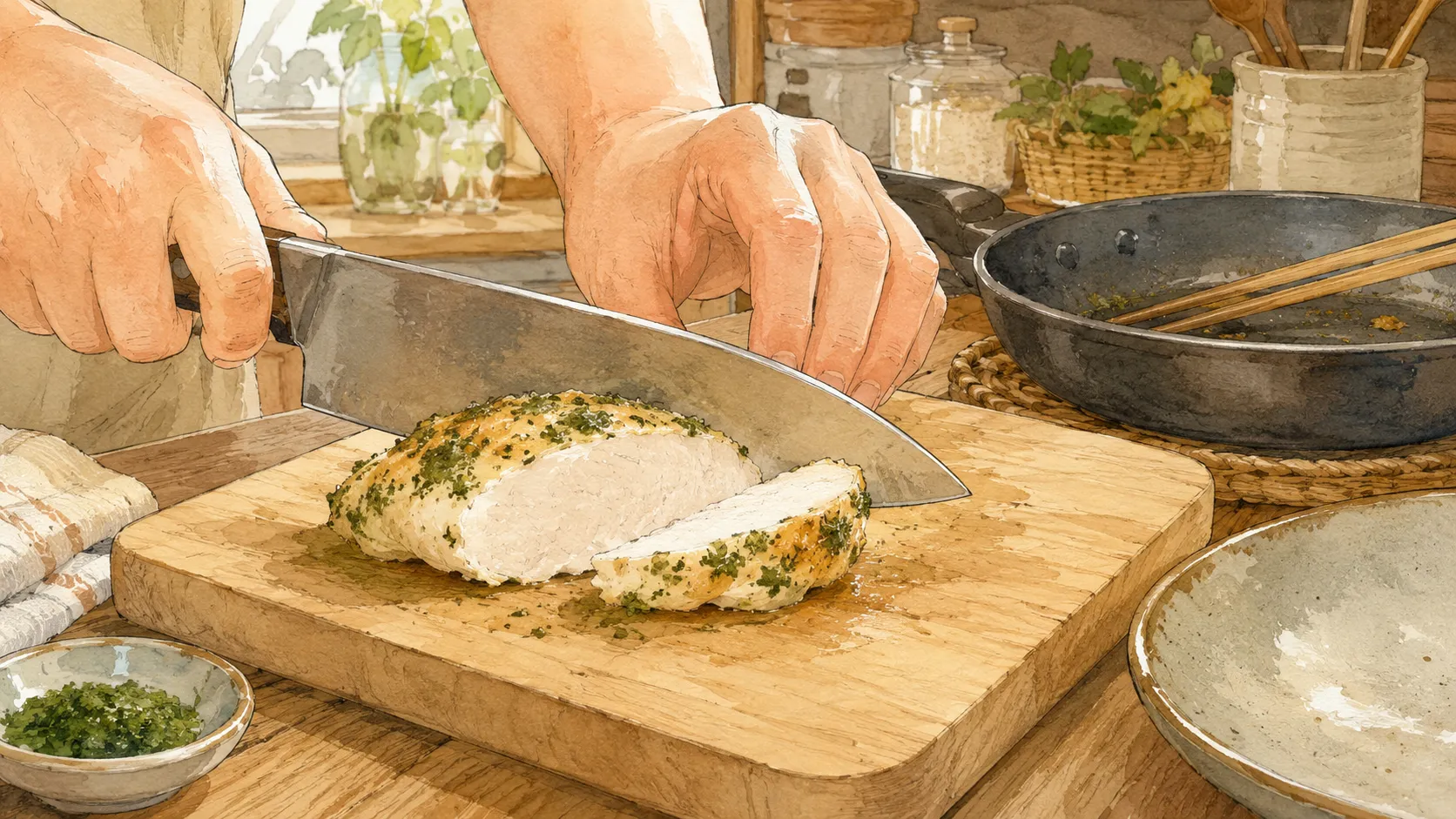 焼いたささみを包丁で切り中心まで白く火が通っているか確認している様子