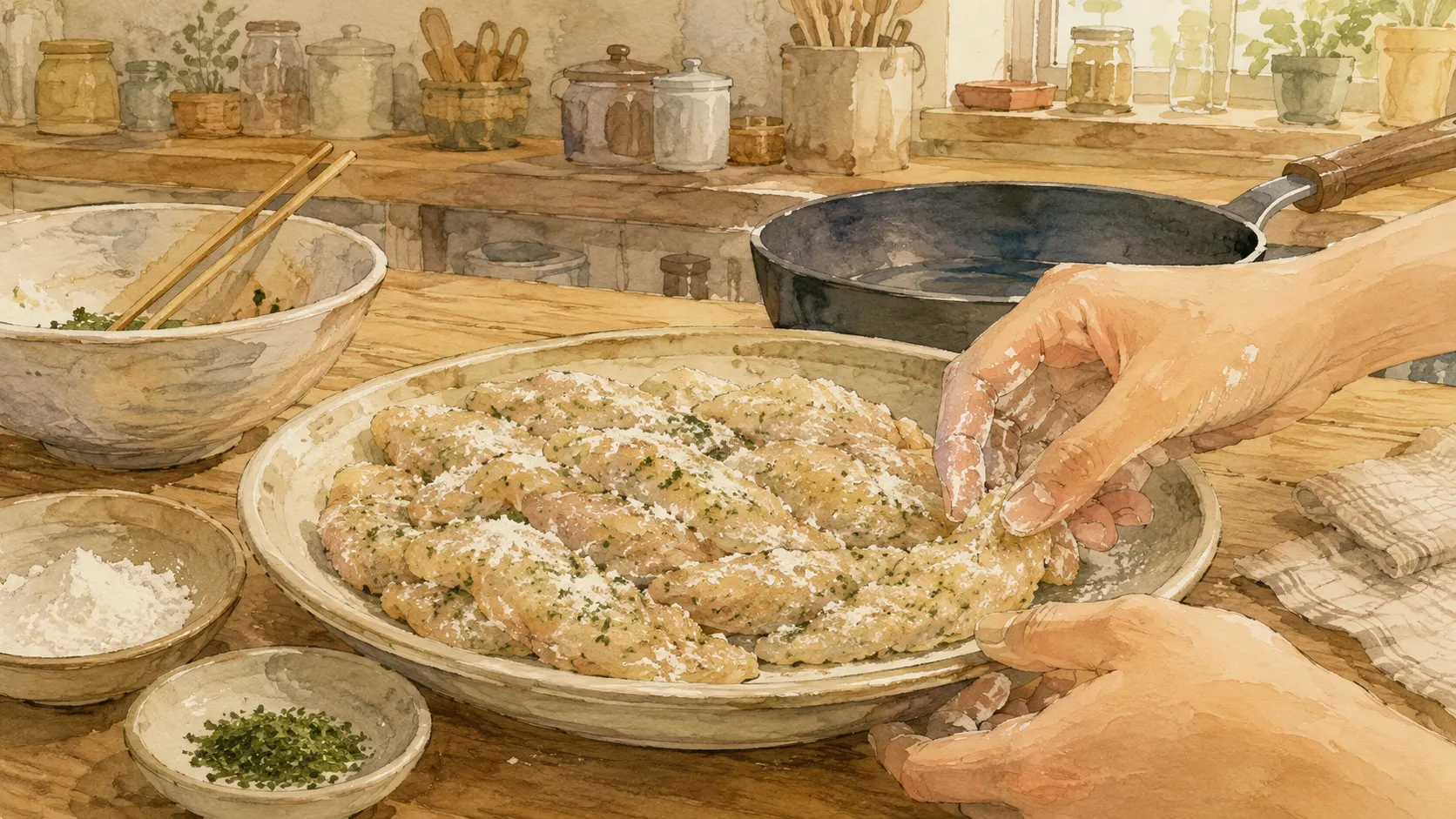 下味をつけたささみに片栗粉を薄くまぶしている様子