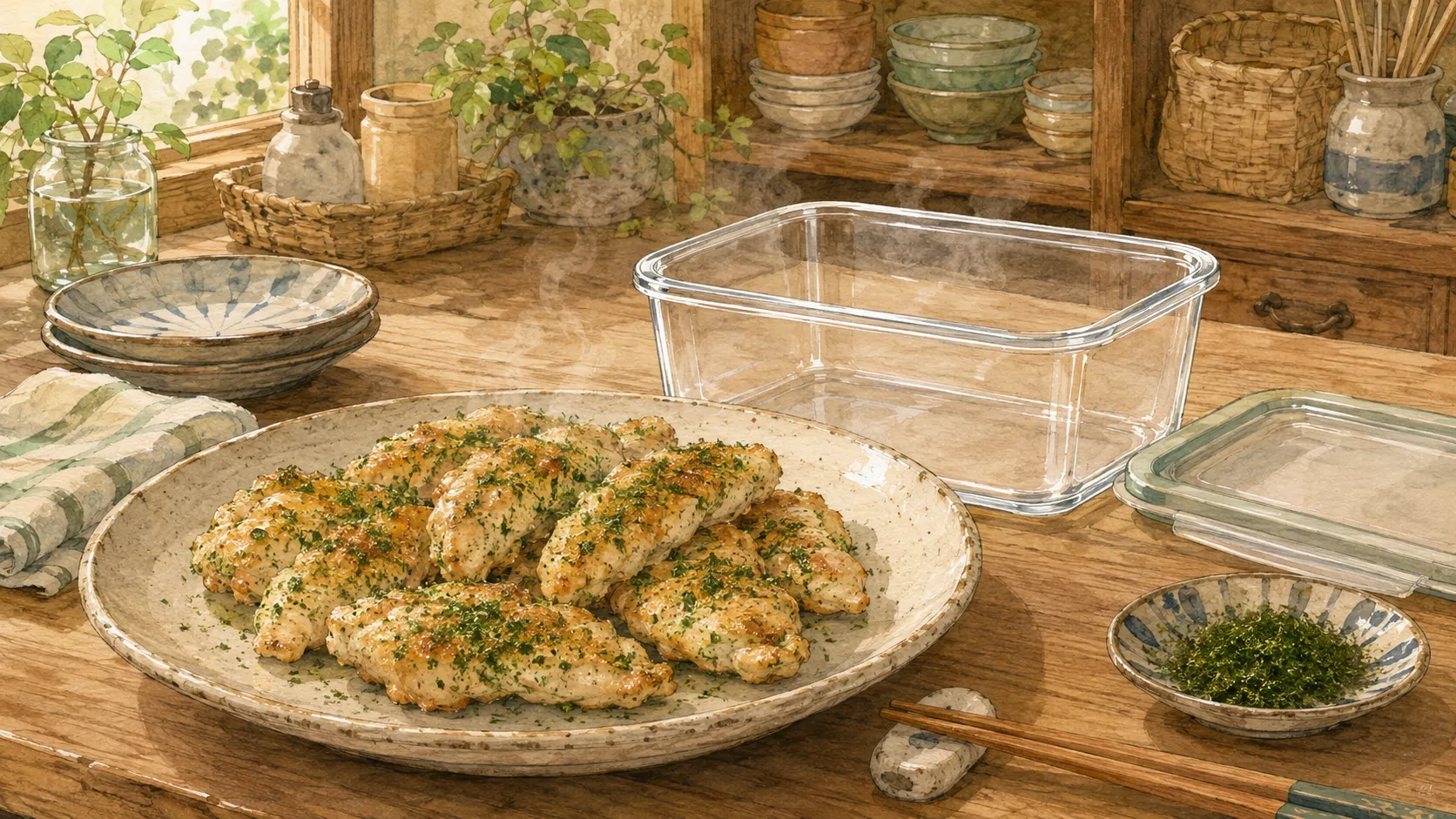 青のりささみ焼きの粗熱を取って保存容器に入れる準備をしている様子