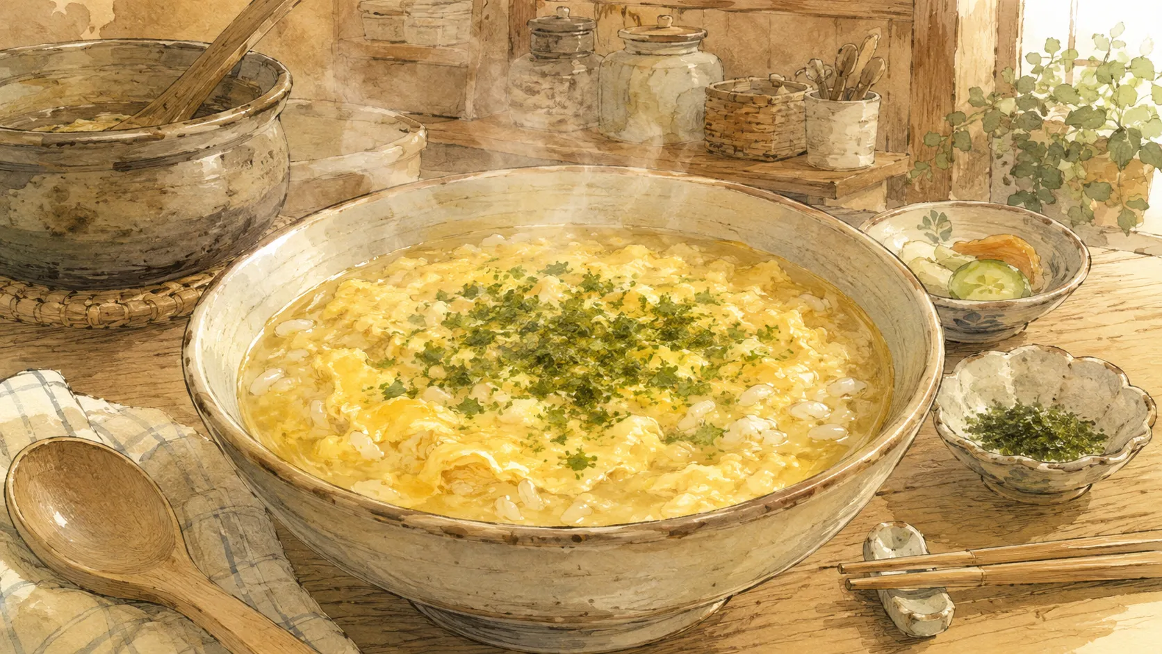 青のりを仕上げに散らした卵雑炊が器に盛られた食卓の様子