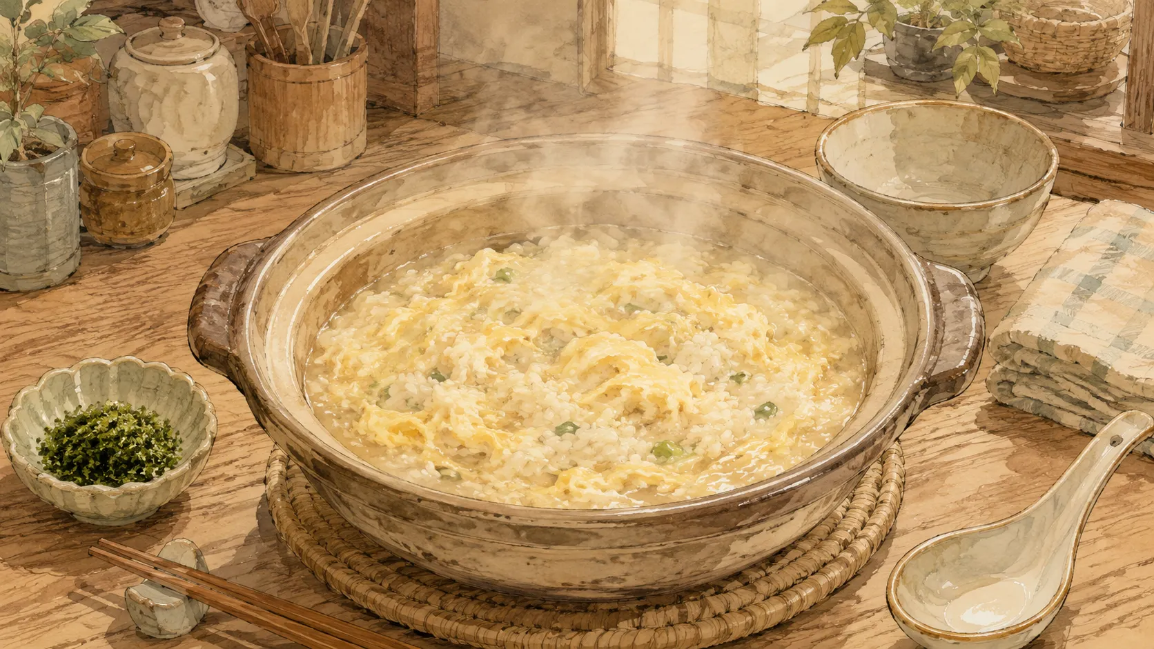 煮立ちが落ち着いた鍋に青のりを加える直前の雑炊の様子