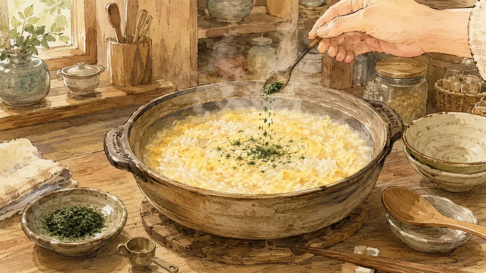 火を止めた雑炊に青のりを少量加えている様子
