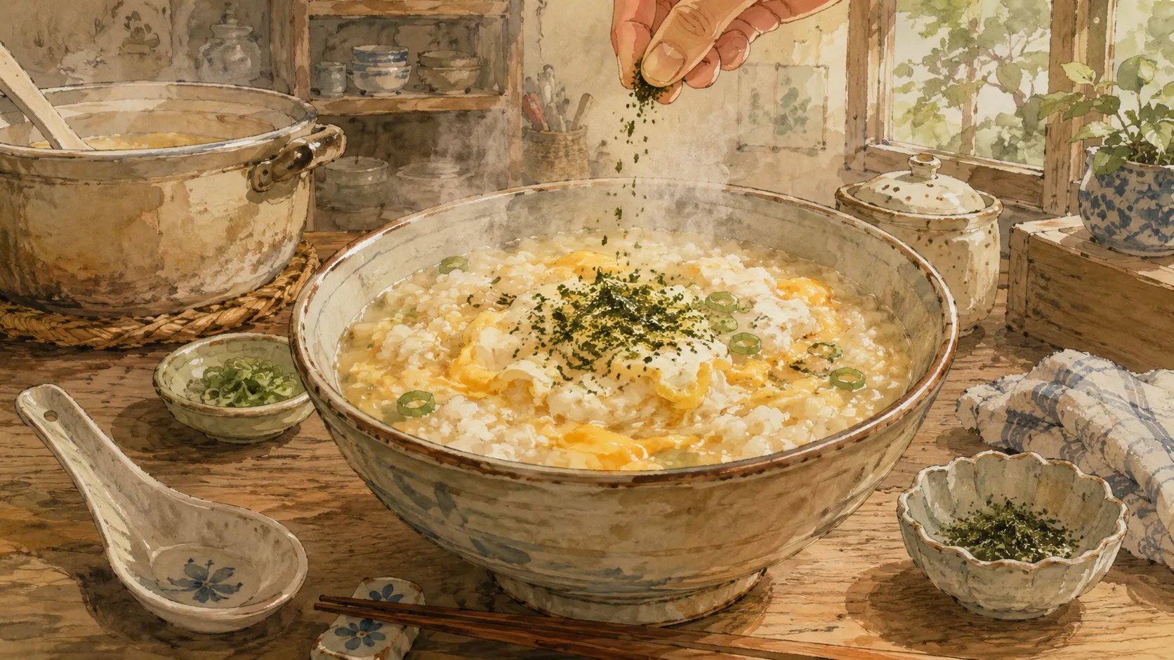 器に盛った雑炊に青のりを少量追いがけしている様子