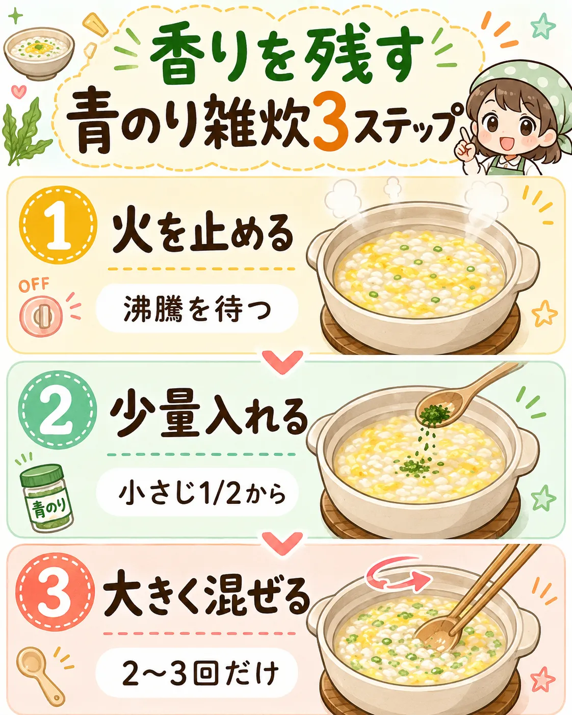青のり雑炊で香りを残す火止め後の手順をまとめた図解