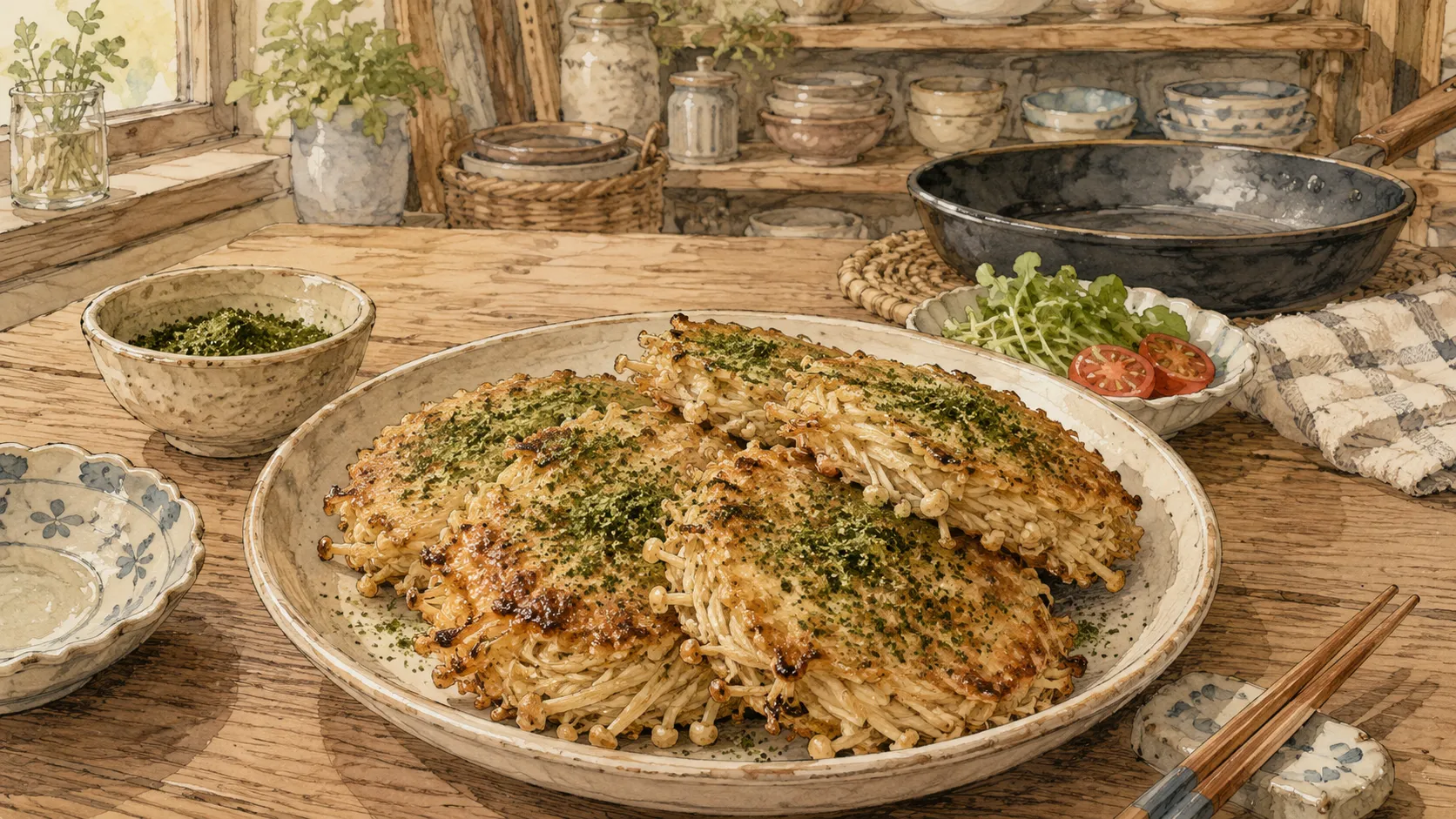 青のりをまとったカリッとしたえのき焼きが皿に盛られた食卓の様子