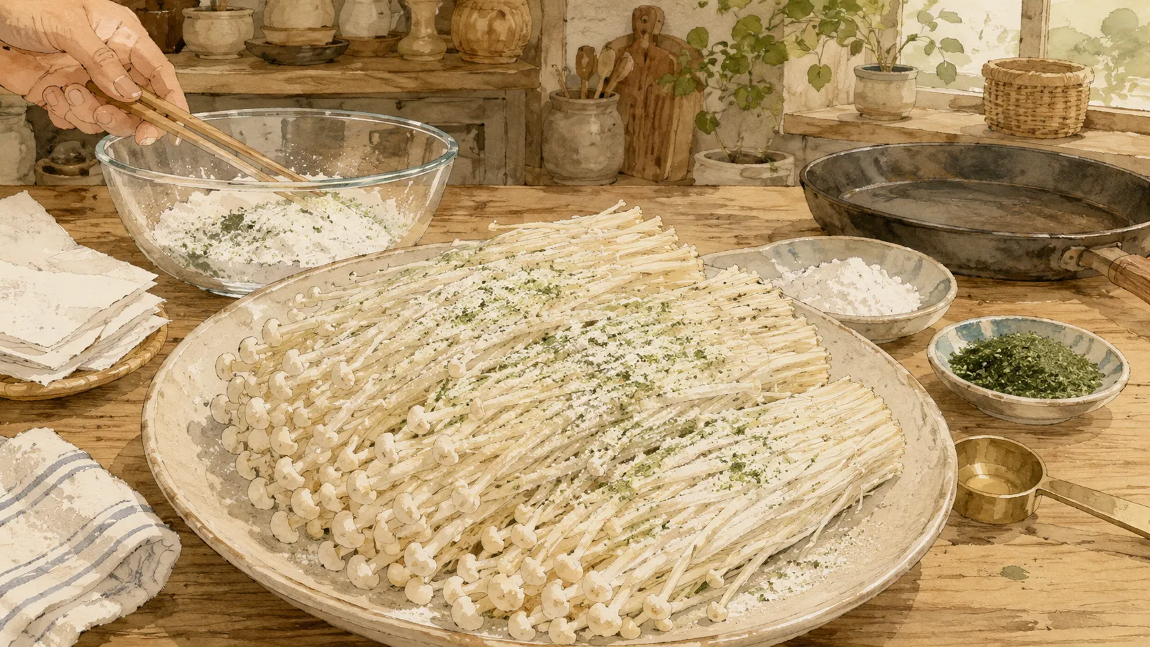 えのきの水気を拭き片栗粉と青のりを薄くまぶしている様子