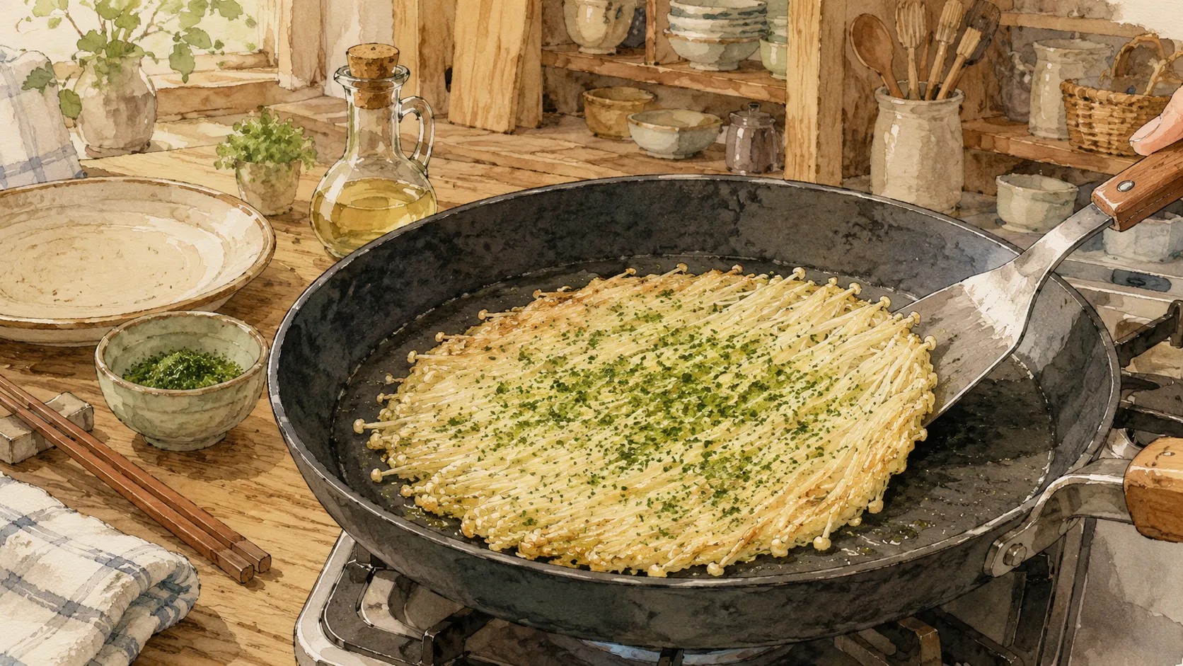 端がまとまったえのき焼きにヘラを差し込んで返している様子