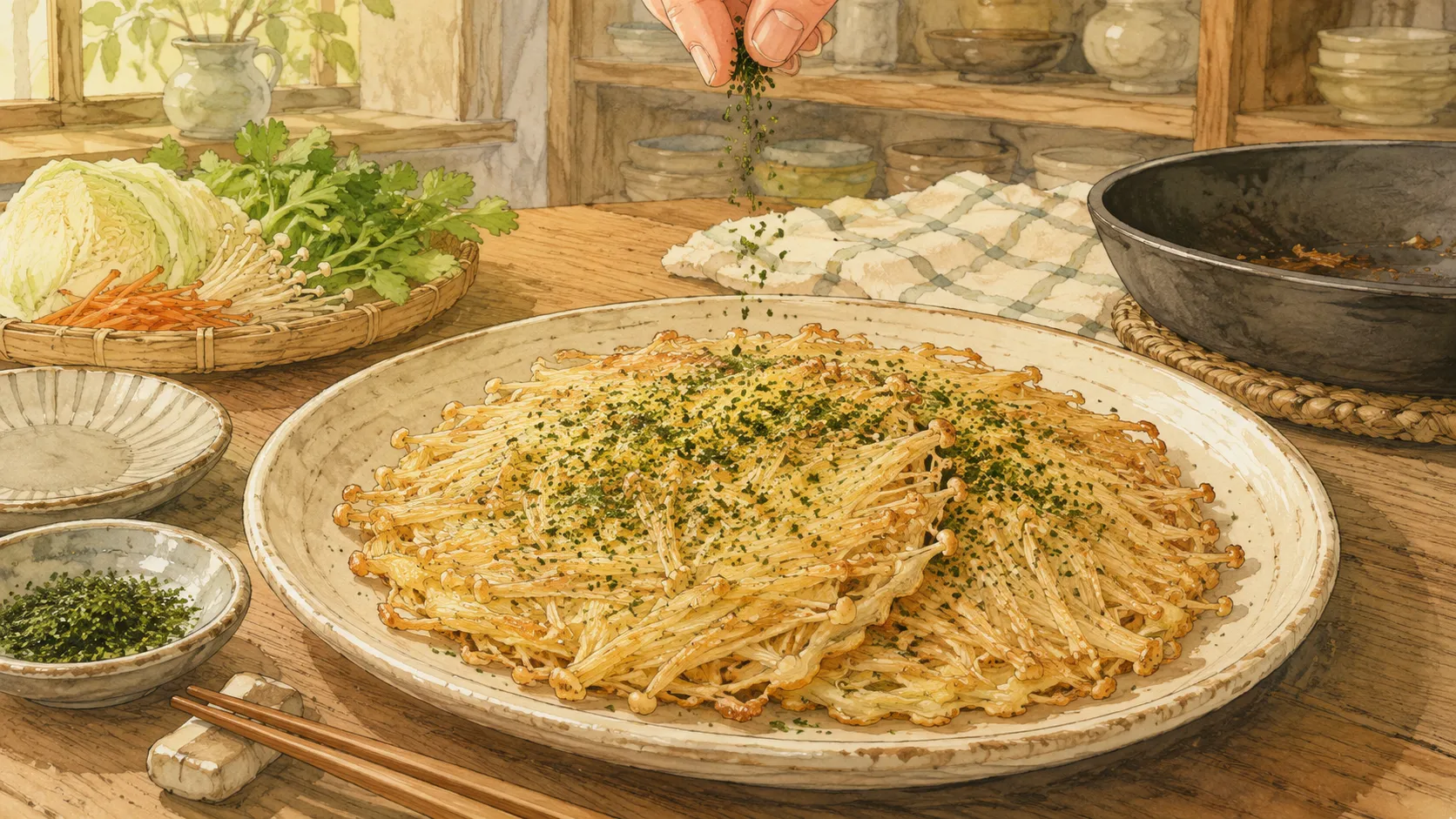 焼き上がったえのき焼きに青のりを仕上げとしてふりかけている様子
