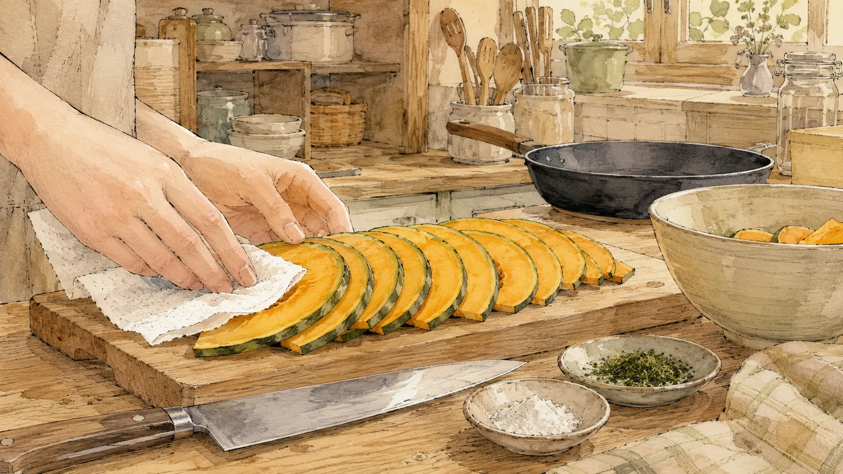 かぼちゃを5〜7mmに薄切りし切り口の水分をキッチンペーパーで拭いている様子