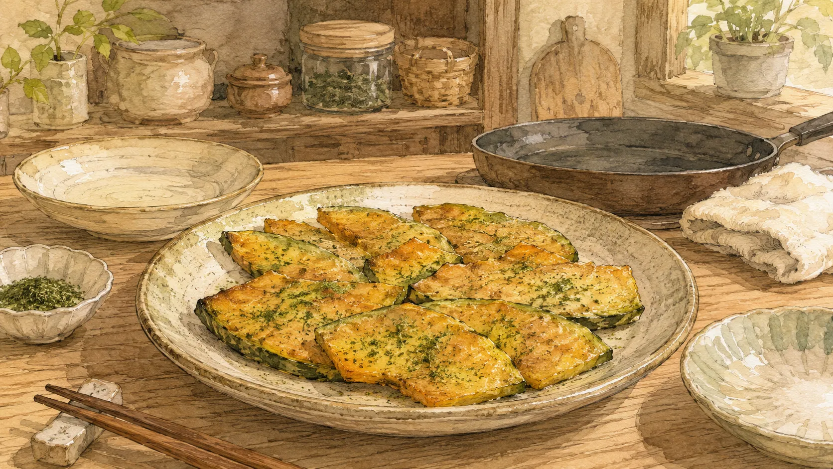 青のりと片栗粉をまとったかぼちゃ焼きが皿に盛られた食卓の様子