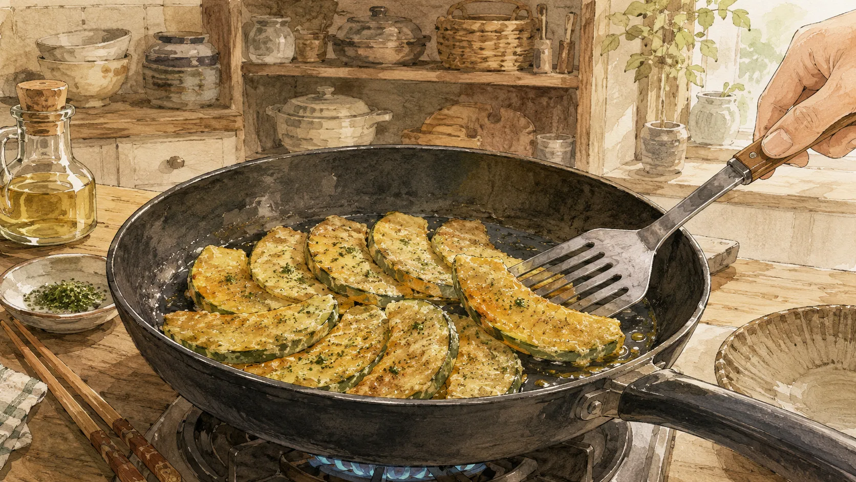 焼き面が薄く色づいたかぼちゃをフライ返しで丁寧に返している様子