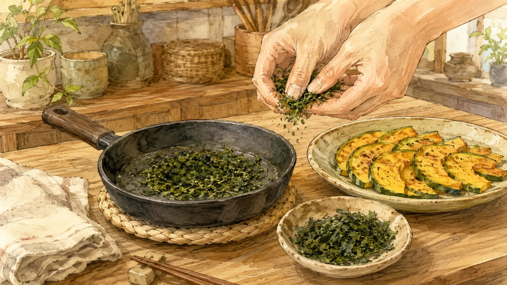 原藻タイプの青のりを軽く焙ってかぼちゃ焼きに仕上げとして使う様子
