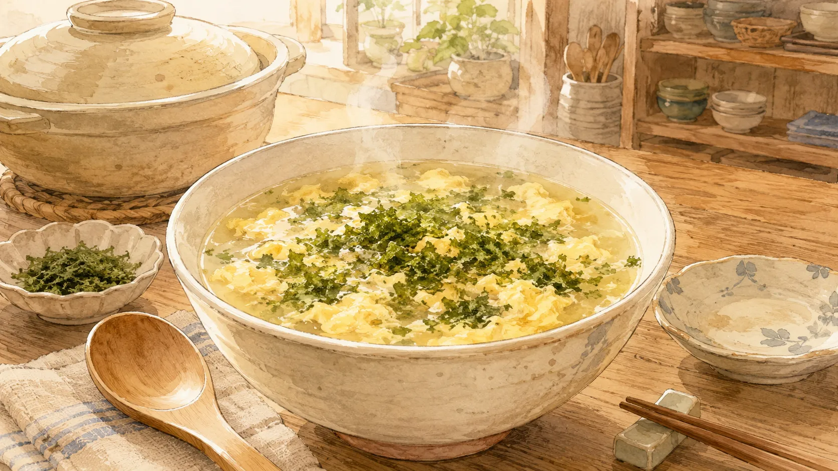 あおさを仕上げに加えた軽い口当たりの卵スープが器に盛られた様子