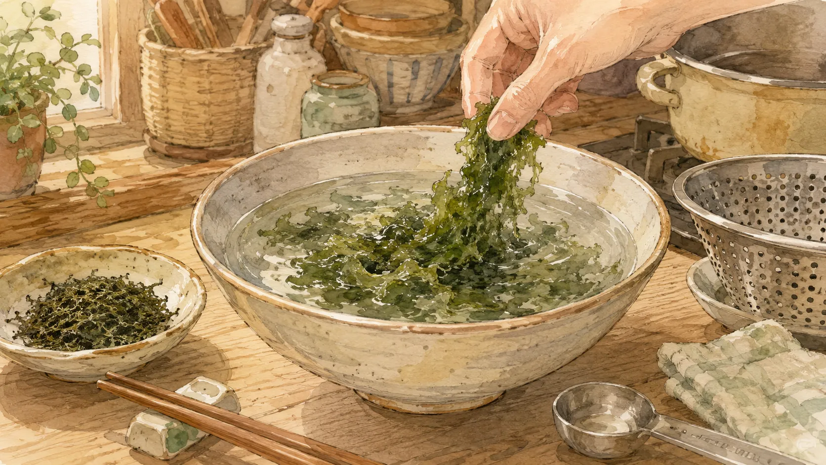 乾燥あおさをボウルの水で30秒から1分だけ短時間戻している様子