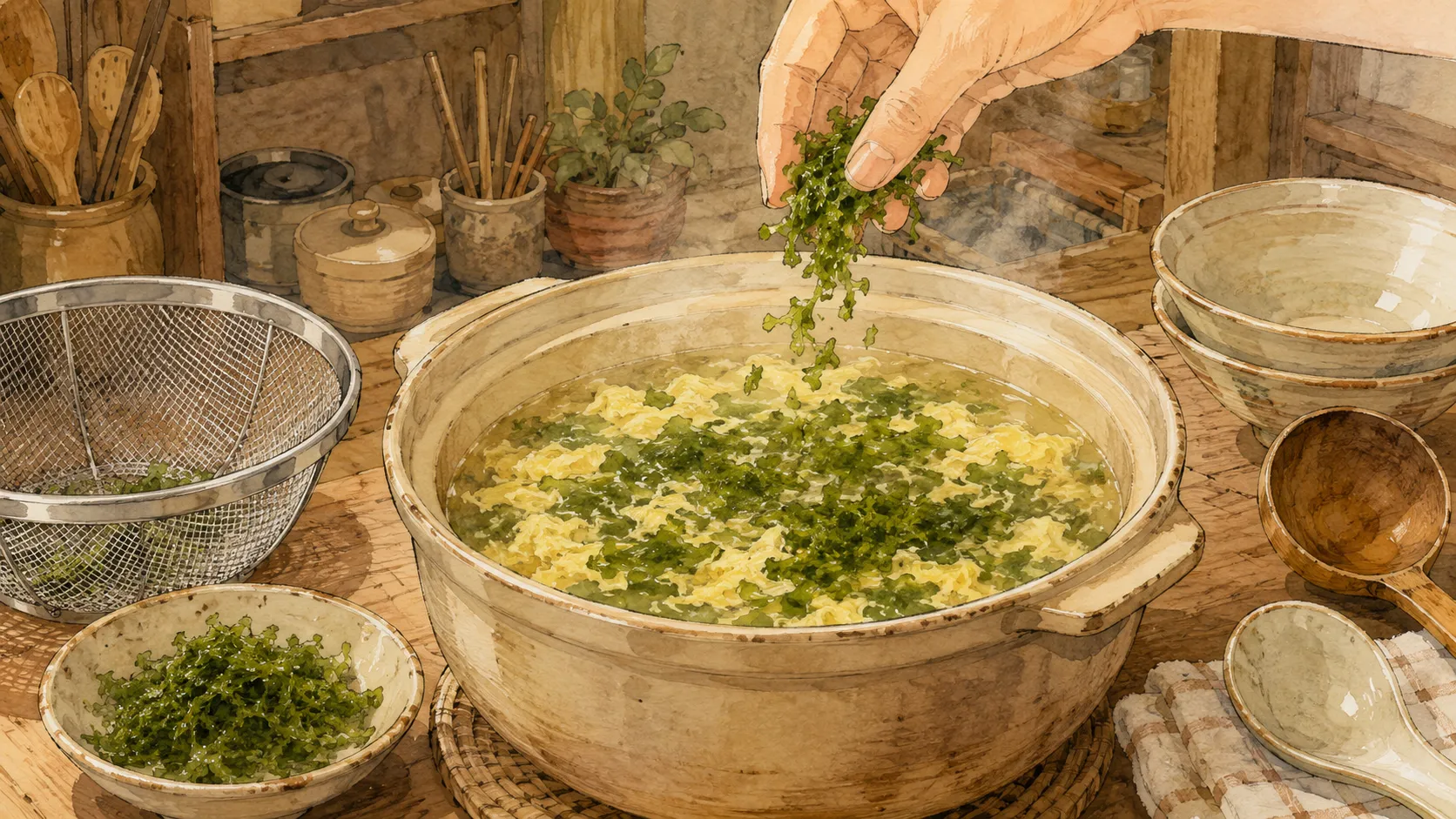火を止めた卵スープに戻したあおさを鍋全体へ散らして加えている様子