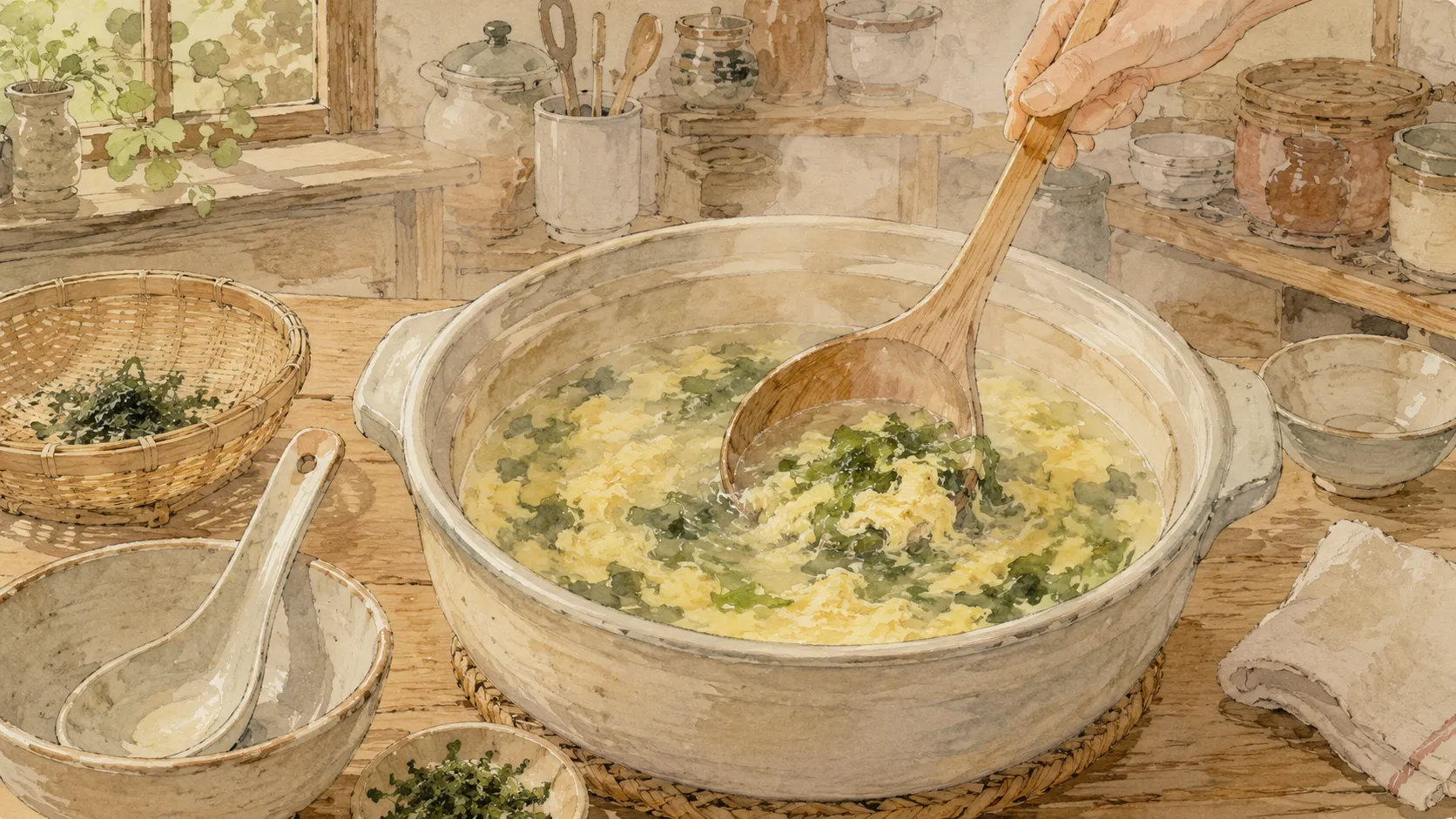 火を止めたあおさスープをお玉で大きく数回だけ軽く混ぜている様子