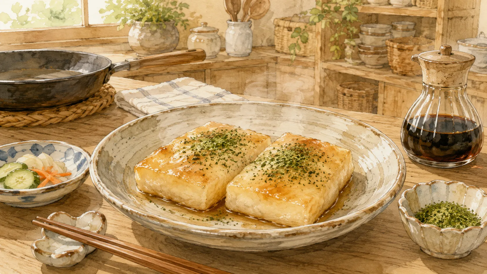 醤油を絡めて青のりをふりかけた焼きもちが皿に盛られた様子