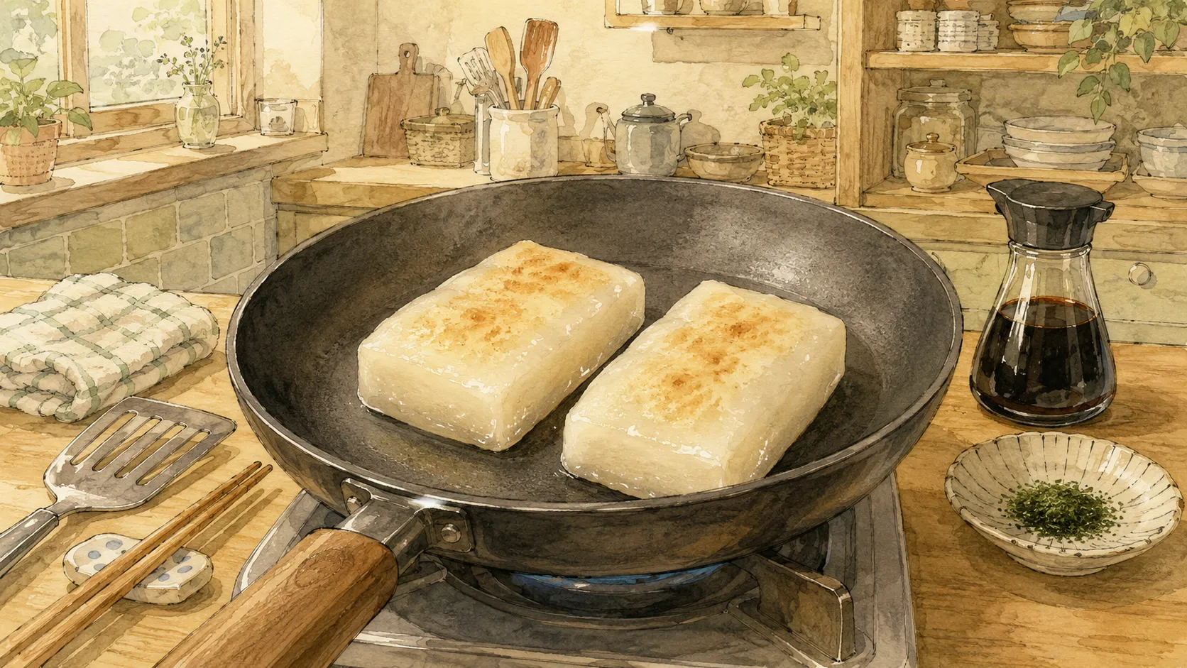 醤油を塗る前の切りもちをフライパンで弱めの中火で焼いている様子