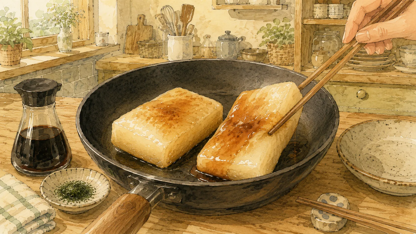 焼き上がったもちに火を止めてから醤油を絡めている様子