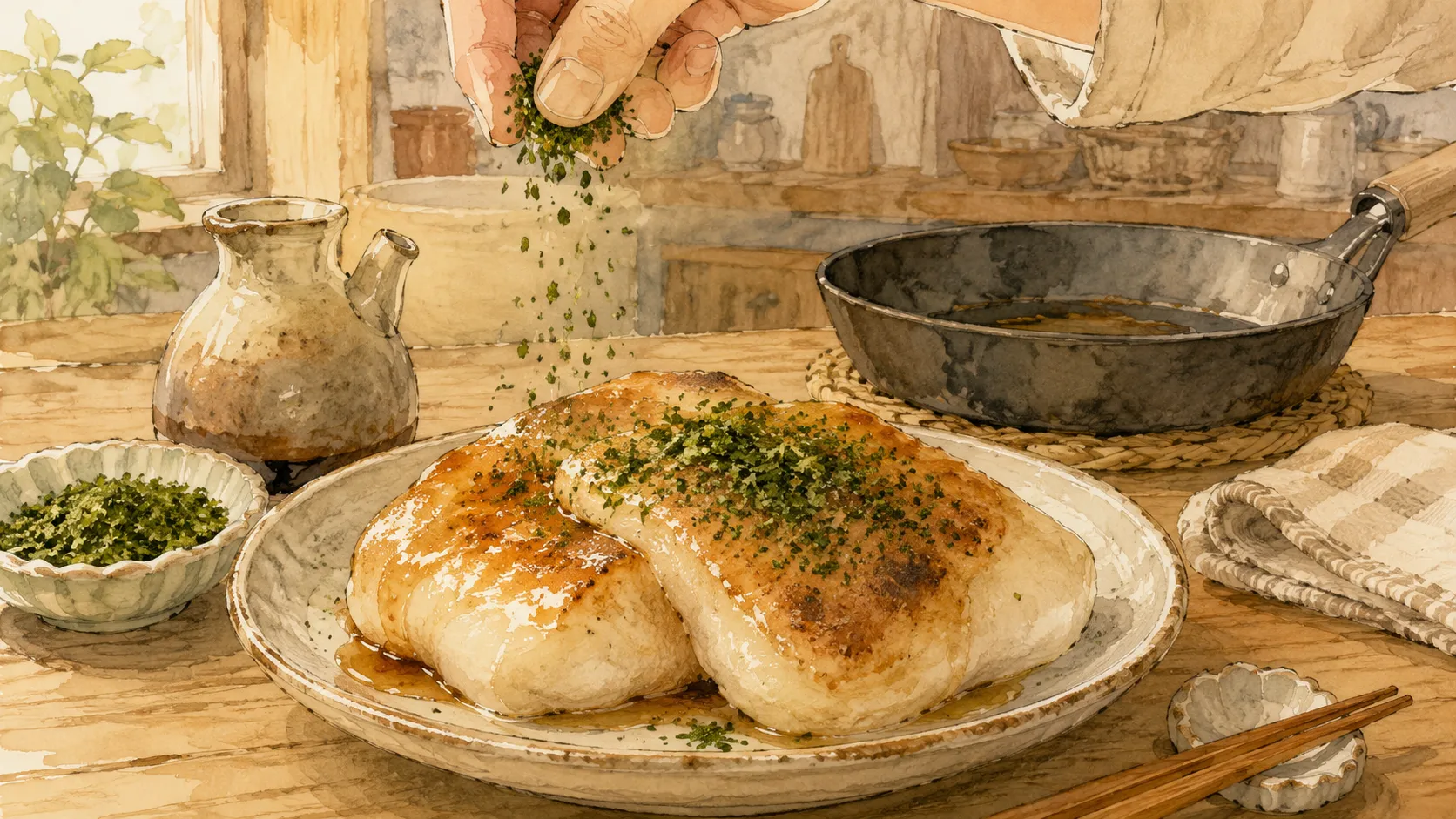 醤油を絡めた焼きもちに青のりを仕上げとしてふりかけている様子