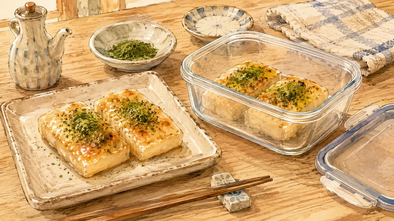 余った青のりもち焼きを粗熱が取れてから密閉容器に入れる様子