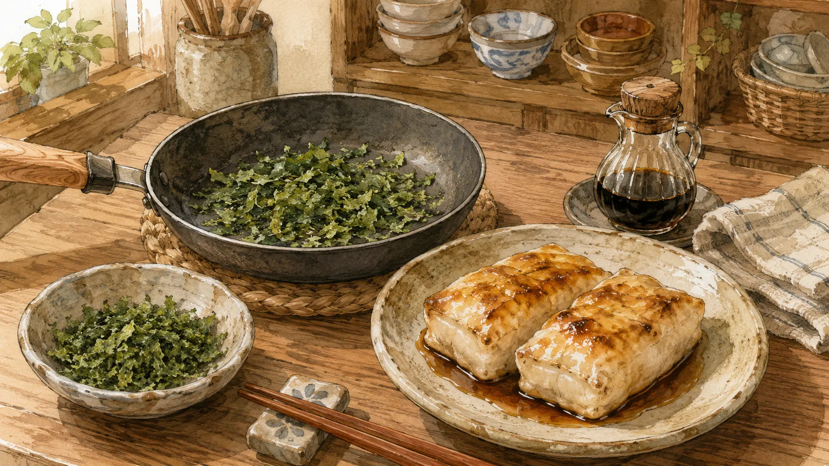 原藻タイプの青のりを軽く焙って焼きもちの仕上げに使う様子