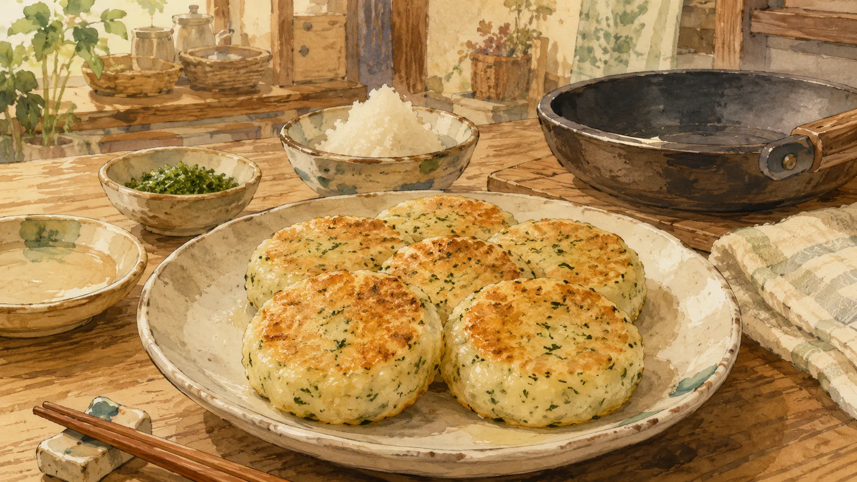 青のりを混ぜた大根もちが割れずに焼き上がり皿に盛られた様子