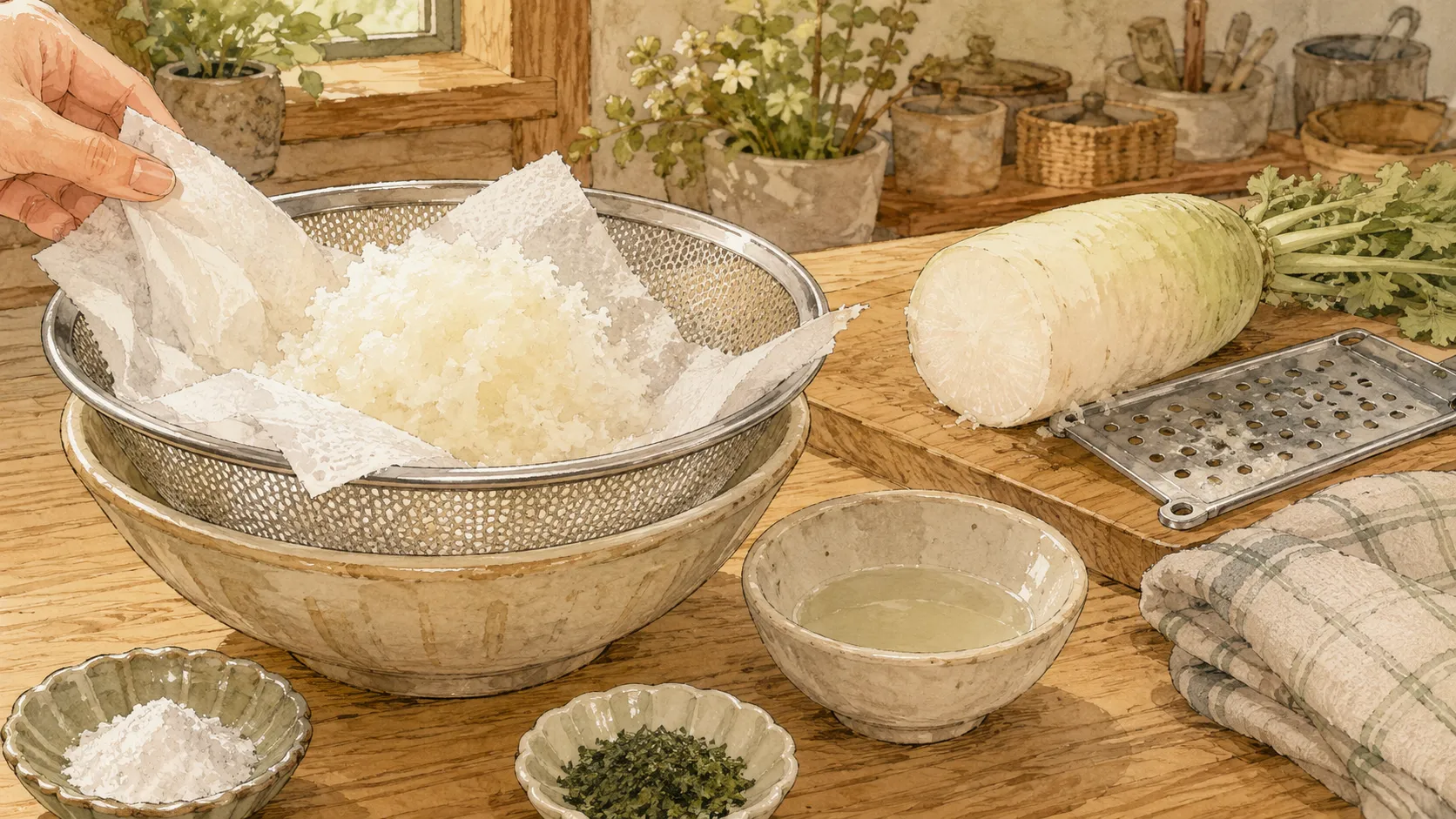 大根おろしの水分を水滴が出にくく少ししっとり残る程度に調整している様子