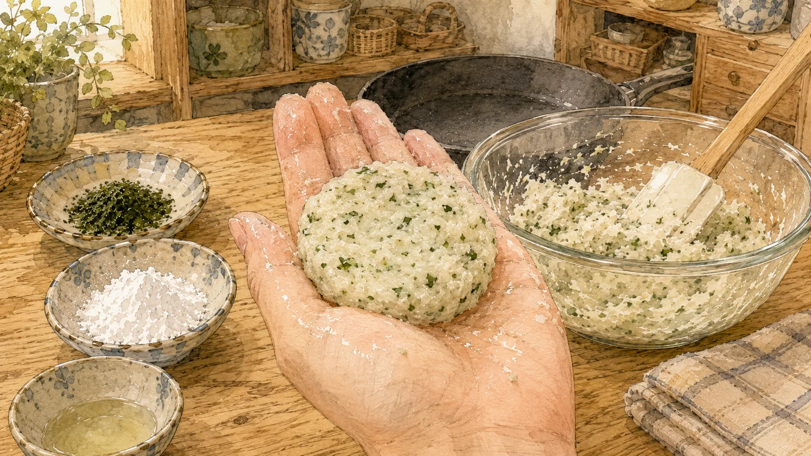 青のり大根もちの生地を手のひらにのせ形が保てるか確認している様子