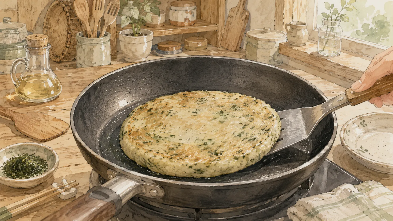 焼き面が固まった青のり大根もちにヘラを差し込んで返している様子