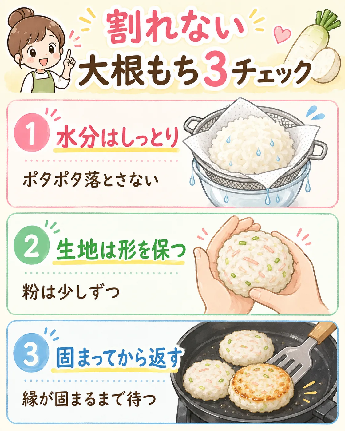 青のり大根もちを割れにくくする水分調整と生地状態と焼き面確認の図解
