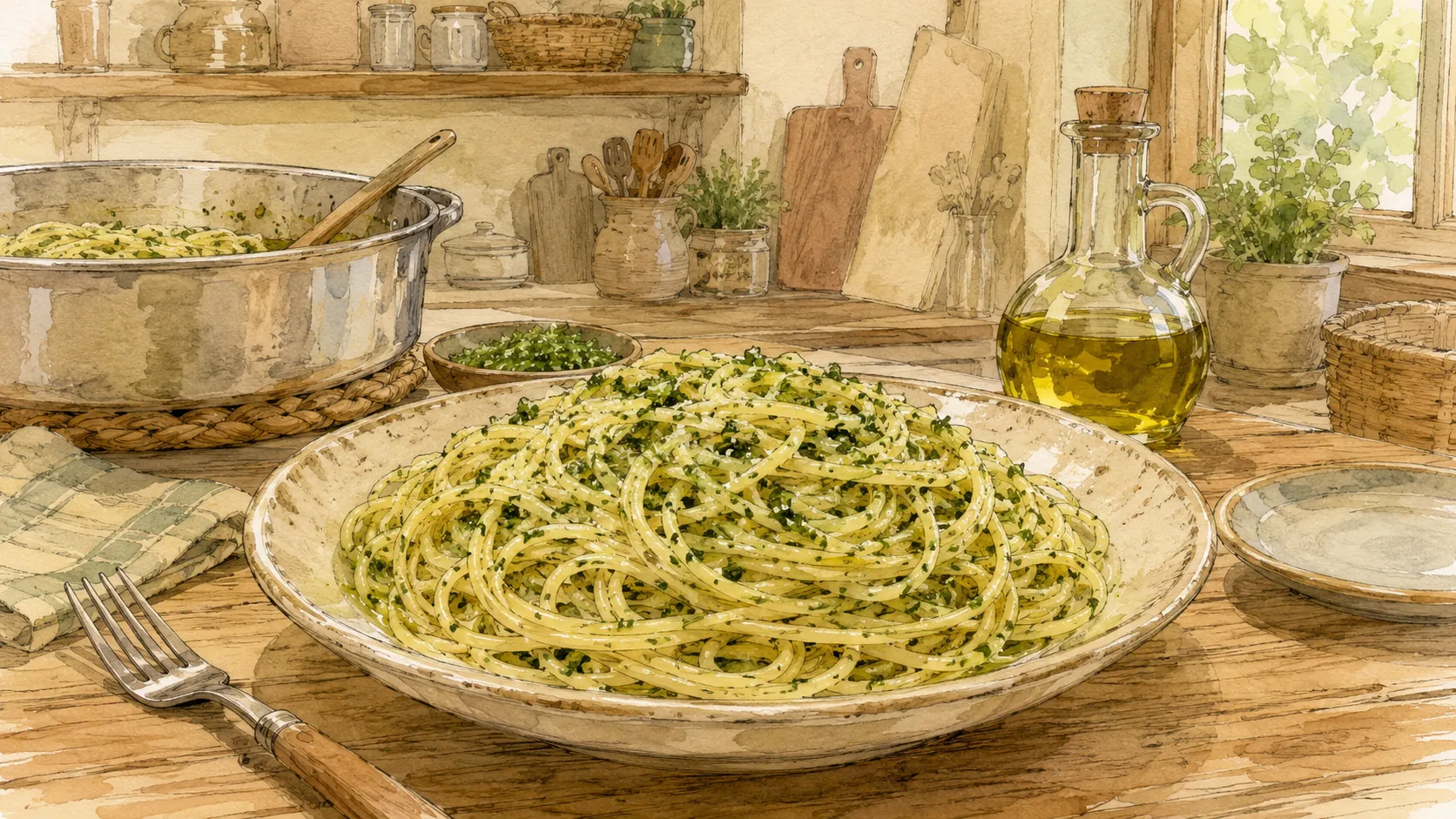 青のりが均一に絡んだパスタが皿に盛られた様子