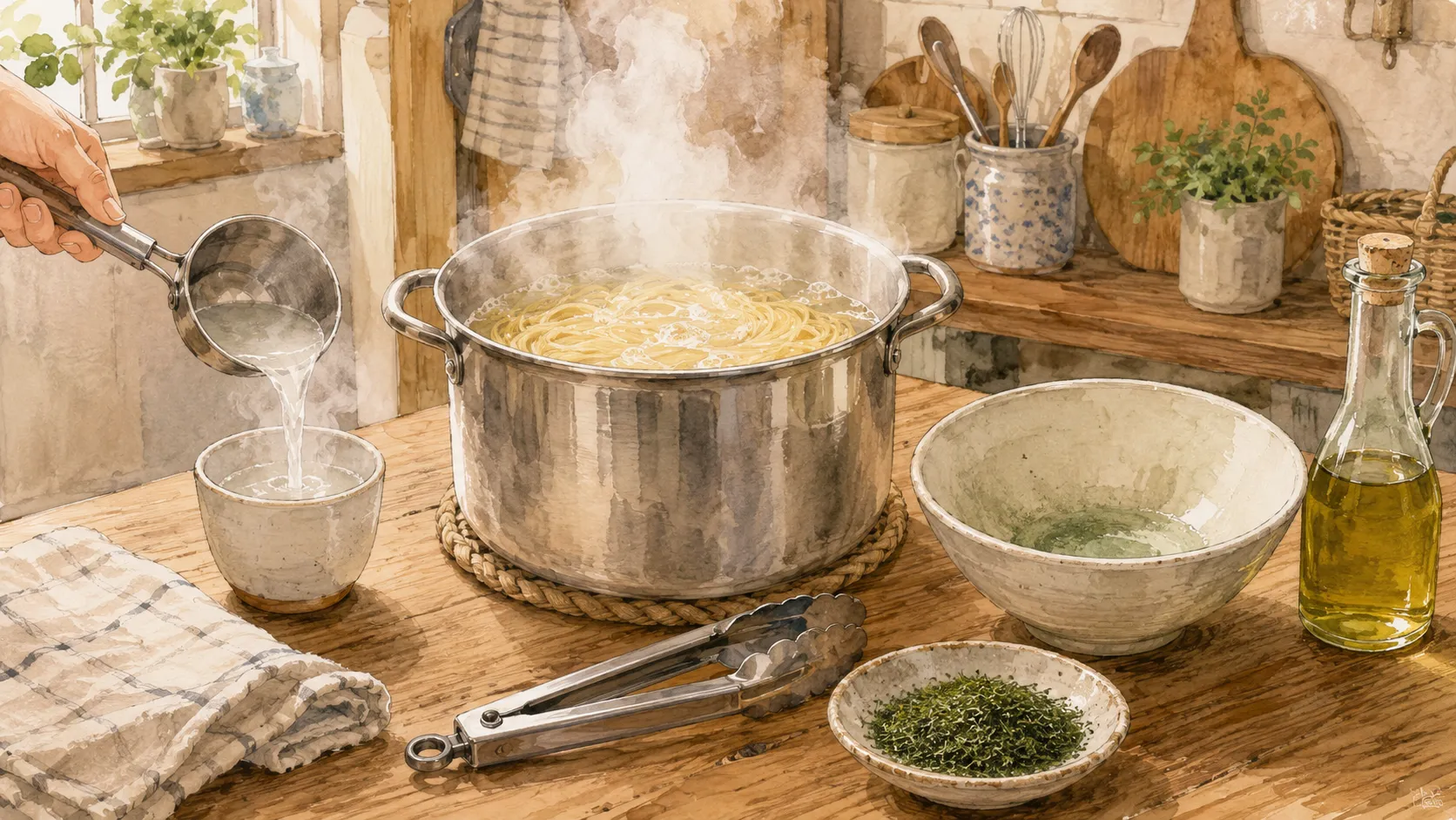 青のりをゆるめるためにパスタの茹で汁を取り分けている様子
