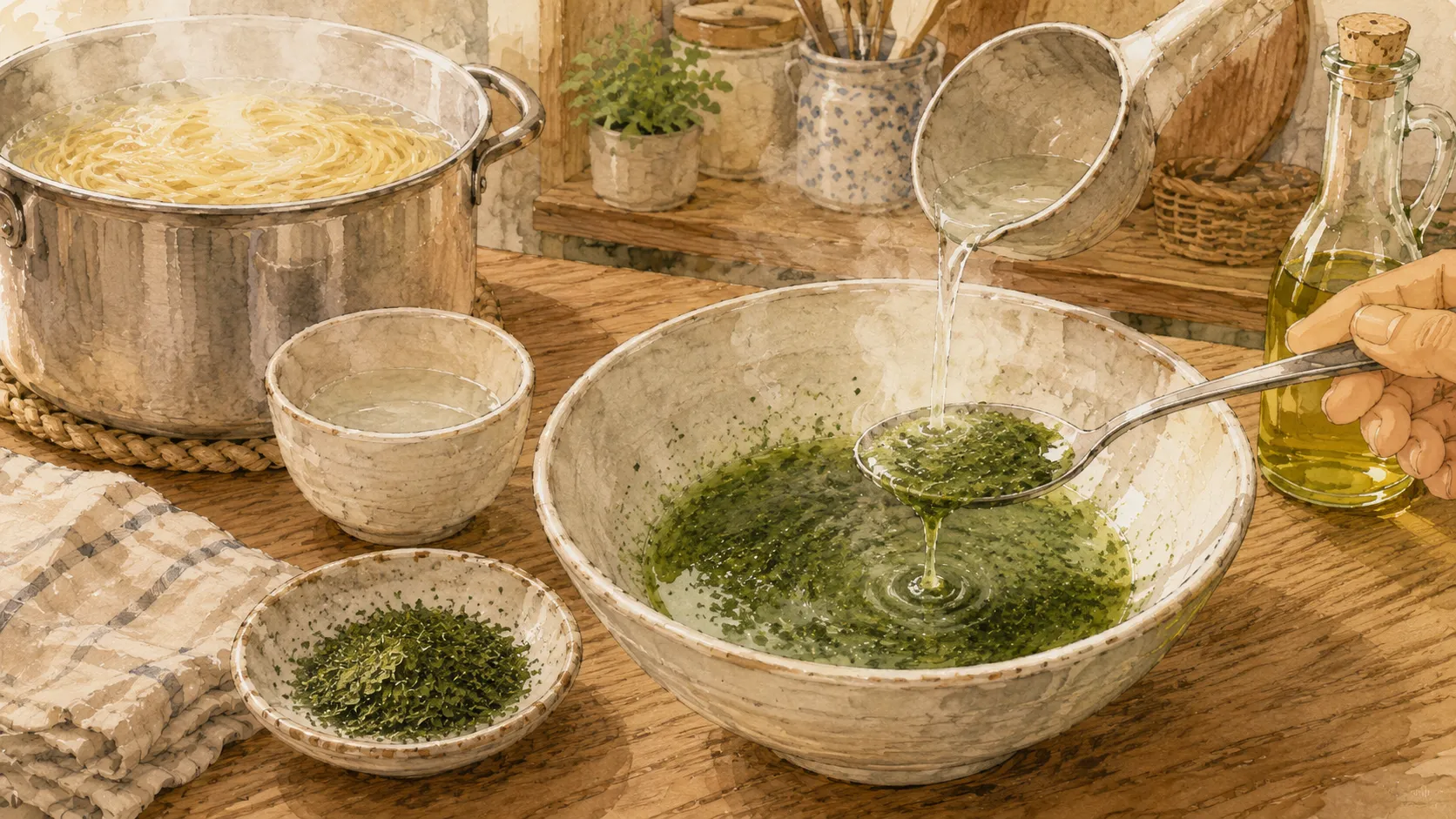 青のり粉末を熱い茹で汁で先にゆるめている様子