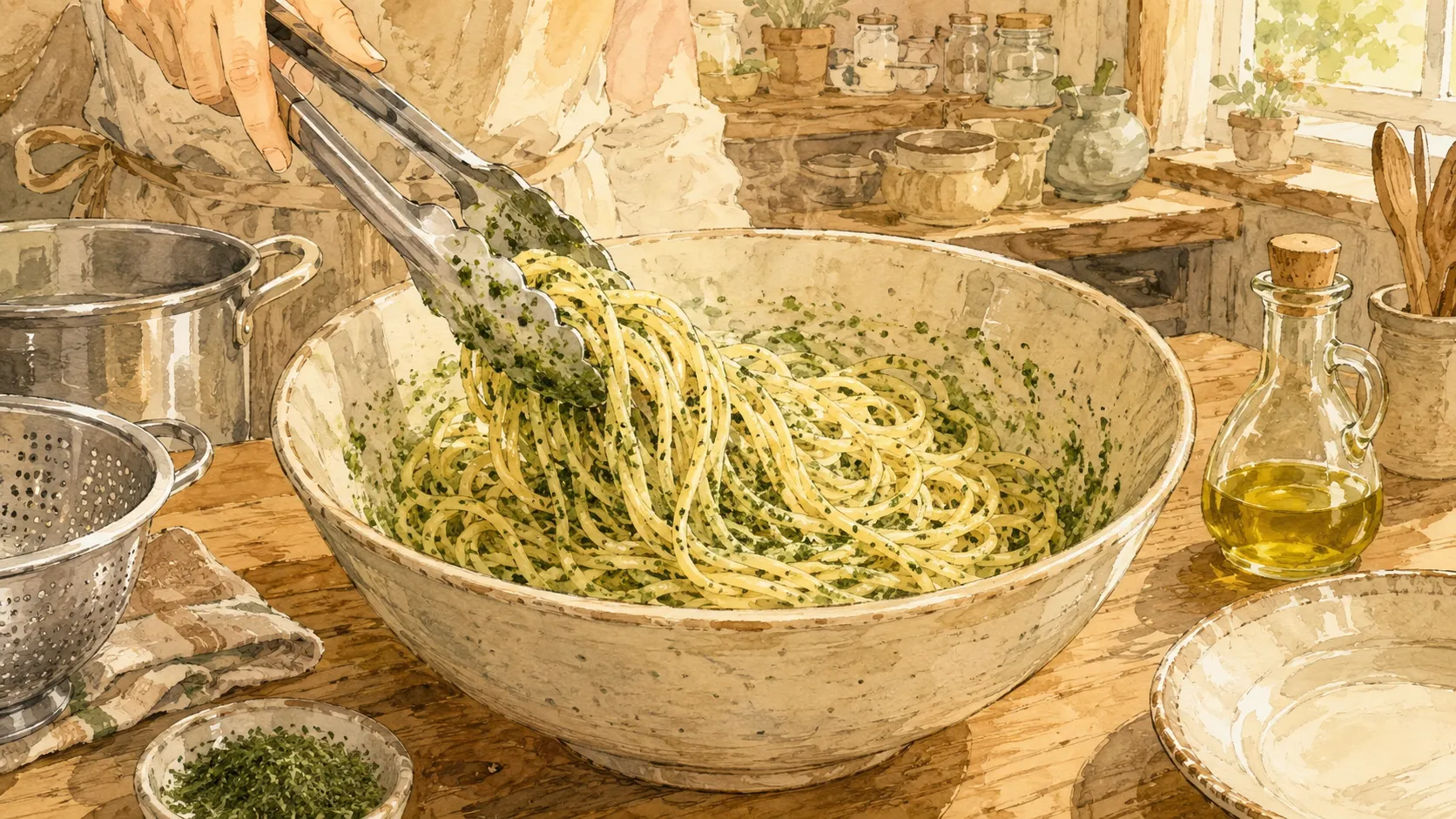火にかけずボウルの中で青のりソースとパスタを大きく絡めている様子