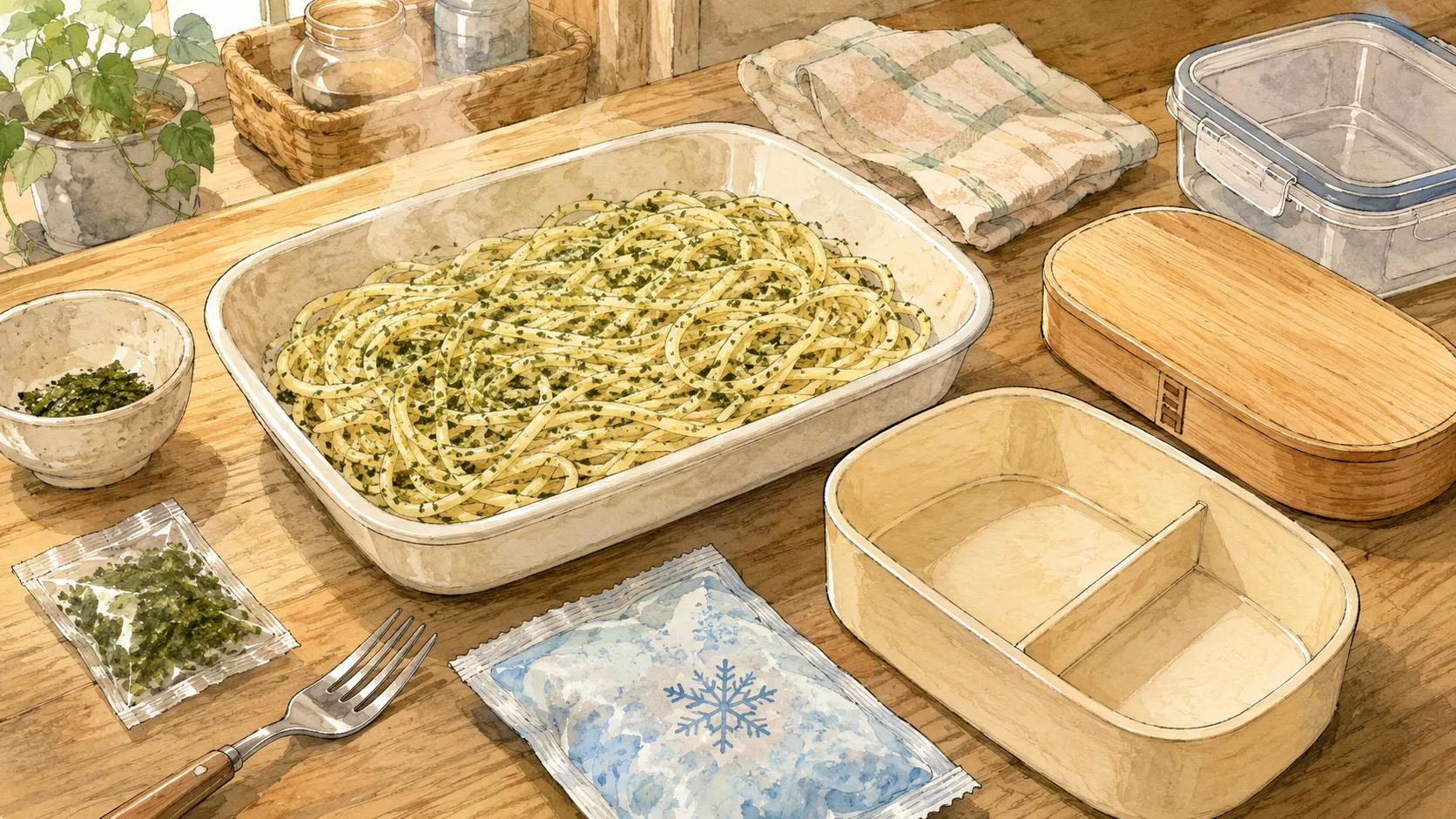 青のりパスタをお弁当用に完全に冷ましてから詰める準備をしている様子